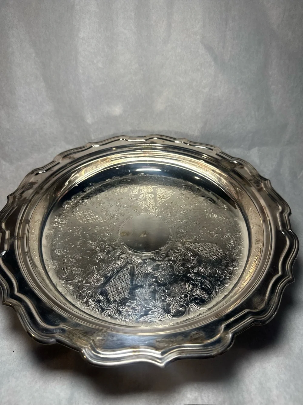 Vintage Silver-plated Tri-footed Tray with Ornate Decorative Engraving